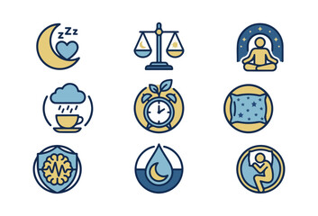 Sleep and wellness icon set moon balance meditation health concepts