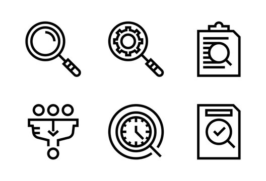 Pack de iconos de b&uacute;squeda. Lupa simple, b&uacute;squeda con configuraci&oacute;n, exploraci&oacute;n en listas, an&aacute;lisis documental, embudo y b&uacute;squeda por tiempo. Dise&ntilde;o vectorial lineal