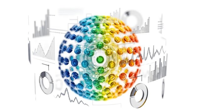 A colorful 3D sphere with multicolored nodes on a background of graphs and charts - Powered by Adobe