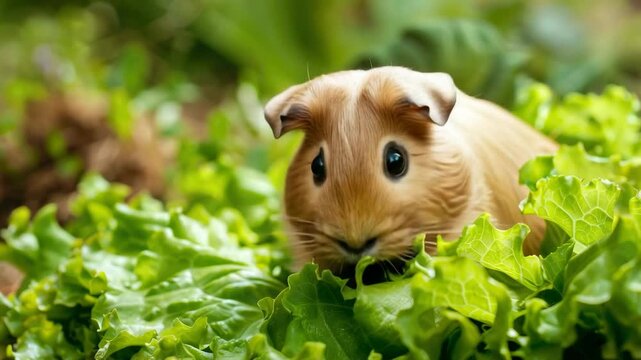 Cute guinea pig on leafy vegetables outdoors