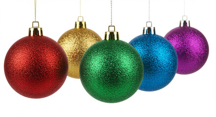 Five colored Christmas ornaments hanging isolated on a white background