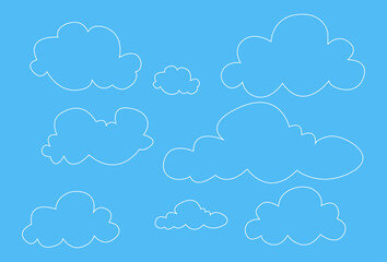 Minimal Outline Cloud Set On Blue Sky Background Vector Illustration