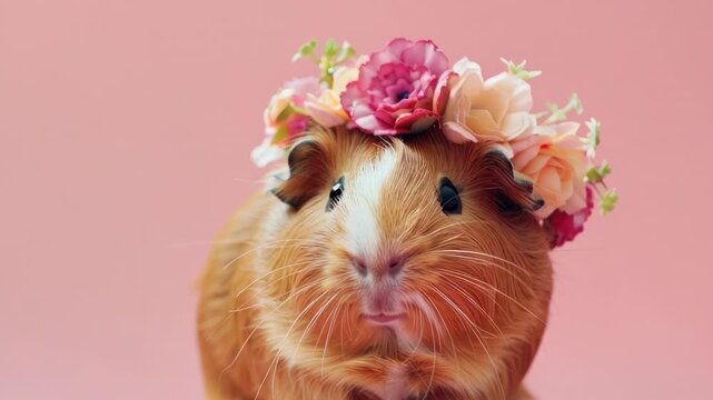 Cute guinea pig wearing floral crown against pink background