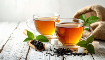Warm Black Tea in Clear Cups with Loose Leaves, Sugar Cubes, and a Burlap Sack