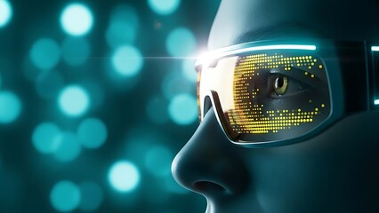 A close up view of a human eye enhanced with futuristic digital eyewear