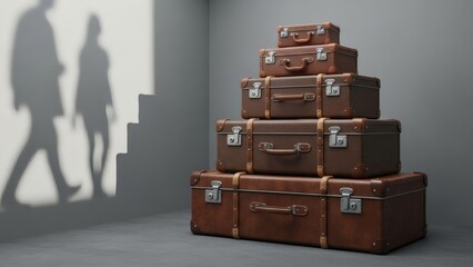Suitcases Stack Dreams Luggage with Shadowy Figures, and Stairs to the future.