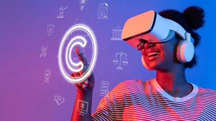 A joyful woman explores digital copyright concepts using a virtual reality headset, showcasing the blend of technology and creativity in a vibrant setting. Raster © InfiniteFlow