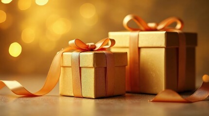 Elegant golden gift boxes with satin ribbons and bokeh lights in the background