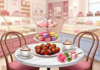 Romantic table with heart cookies macarons and strawberries for valentines day date in cafe
