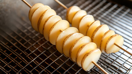Delicious spiral-cut potatoes on skewers, ready to be fried or baked to crispy perfection. A tasty and fun treat for all ages and occasions. Enjoy the twirl!