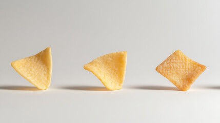Golden triangle chips on a white surface cast soft shadows, each with a unique orientation. The bright, minimalist setting highlights the textures and geometric shapes of the snacks.