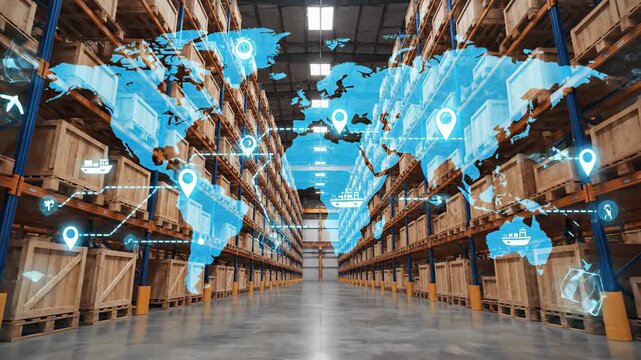 Global logistics warehouse distribution center with digital world map overlay