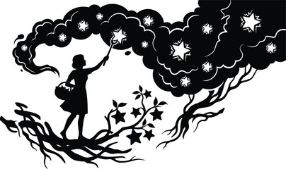 Silhouette girl collecting stars with magic wand under night cloud sky, whimsical fantasy illustration of imagination, celestial dream vector artwork © Md