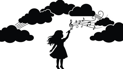 Silhouette girl conducting clouds with music, magical notes flowing across sky, whimsical imaginative childhood scene of creativity and fantasy © Md