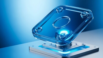 A transparent plastic component with integrated metallic fasteners illuminated from below