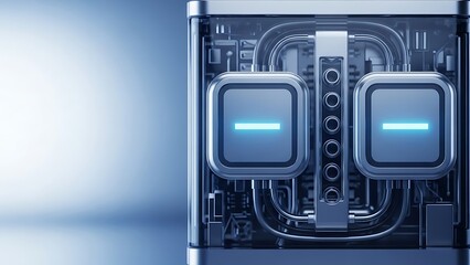 Futuristic cooling system with dual blue illuminated heat sinks and intricate details