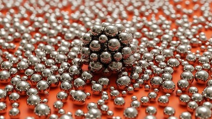 A large collection of shiny silver metal spheres on an orange background