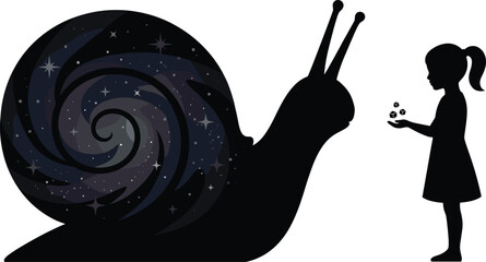 Silhouette girl feeding galaxy snail, surreal cosmic illustration, fantasy animal art, magical universe spiral shell creature, imaginative children scene © Md