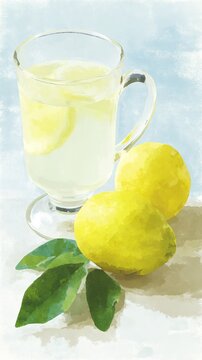 minimalist illustration showing lemon tea in a transparent mug placed near fresh lemons, emphasizing simplicity, freshness, and a modern healthy lifestyle concept. lemon tea, minimal illustration, 