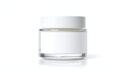 White cosmetic cream jar mockup with a blank label and white lid, clean beauty product packaging isolated on a white reflective background.