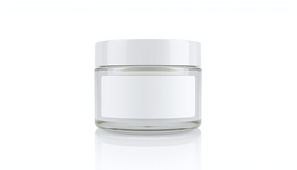 Clear glass beauty cream jar with a white screw cap and blank label, professional skincare container mockup isolated on a white background.
