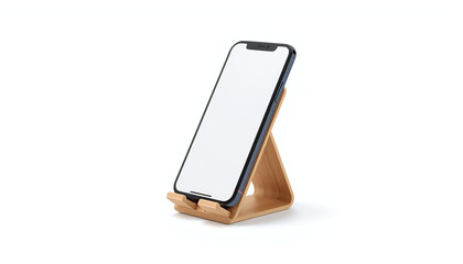 Smartphone mockup with a blank screen on a triangular wooden bamboo stand, eco-friendly mobile phone accessory isolated on a white background.