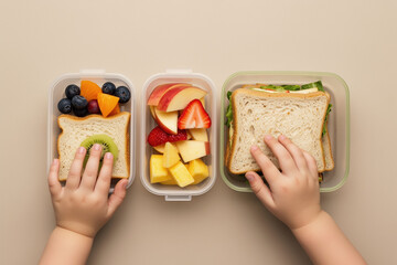 Children packing lunchbox with fruit and sandwich.