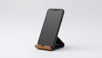 Black smartphone mockup on a modern dark and wooden phone stand, minimalist tech accessory presentation isolated on a white background.