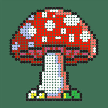 A classic red mushroom with white spots designed in a perler bead art style. This dotted mosaic illustration captures a whimsical forest vibe, making it suitable for nature-themed crafts