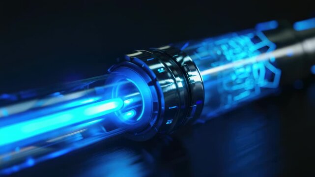 Glowing blue futuristic energy weapon with intricate design, glowing in darkness