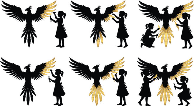 Majestic phoenix silhouette with young girl interaction, mythical bird rising, fantasy illustration symbolizing rebirth, transformation, magical companionship, inspirational art concept design