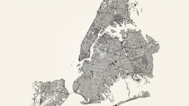 City street map of New York, USA, in black and light beige. High resolution full frame minimalist poster style road map or urban street plan of New York. Vintage look.