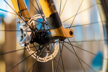 A detailed close-up of a high-end mountain bike's front wheel assembly, showcasing a silver hydraulic disc brake caliper, a perforated rotor, gold suspension forks, and black spokes.