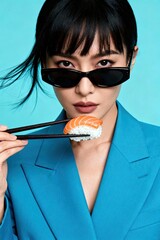 Retrato minimalista de mujer con gafas de sol, blazer azul y sushi, fondo limpio azul turquesa
