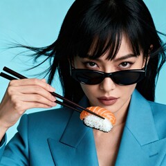 Mujer moderna en estudio con blazer azul y gafas oscuras, posando con sushi y palillos estilo lifestyle