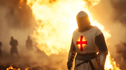 A brave knight amidst a fiery blaze, clad in shining armor, stands resolute. The knight's red cross emblem shines brightly amidst the chaos of the battlefield.