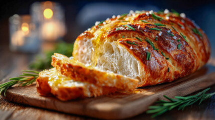 Freshly baked rustic bread loaf sliced and served with butter on a wooden board in warm light