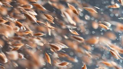 Close-up of cereal grains flying in diagonal formation with dynamic blur effect, concept of abundance or natural energy