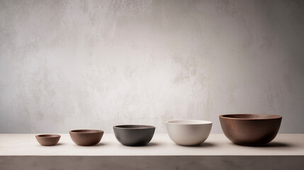 Row of five ceramic bowls of different sizes lined up on a rustic surface, concept of growth or varied portions
