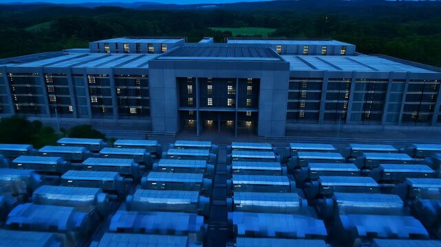 Aerial drone footage flies over rows of data storage containers in front of modern governmental facility at dusk