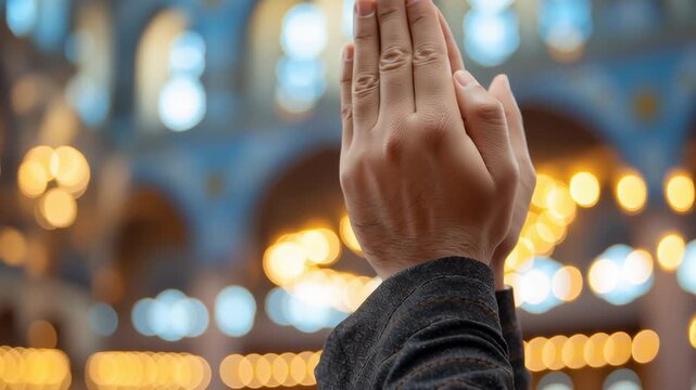 Hands raised in prayer inside a mosque with warm lights creating a peaceful spiritual moment reflecting Islamic faith devotion and culture