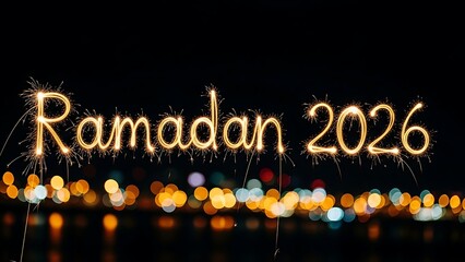 Ramadan 2026 Sparkler Text with Festive Bokeh City Lights