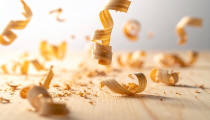 Dynamic Scene of Wood Shavings Falling on a Wooden Surface
