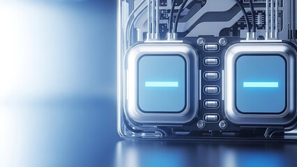 Futuristic computer interior with glowing blue elements and sleek metallic design