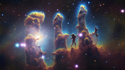 Fototapeta premium Cosmic Majesty: A breathtaking view of towering nebulae in a vibrant expanse of space, evoking a sense of wonder and cosmic scale, with astronaut explore.