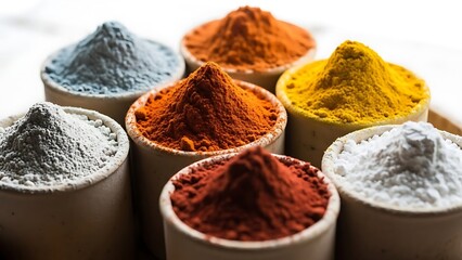 Vibrant heaps of colorful spice powders arranged in small white containers