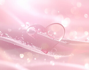 Elegant pink heart shaped glass object covered in fresh water droplets on a soft pink silk like background with gentle lighting