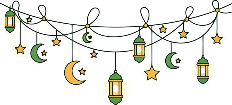 Islamic new year or ramadan festive string lights with hanging crescent moons and stars in green and yellow colors on a white background