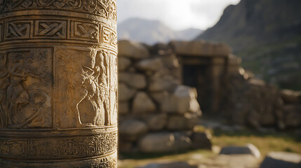 Detailed carvings on a pillar with an ancient stone structure set against a scenic mountain backdrop, evoking a sense of history and mystery.