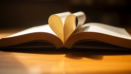 Open Book With Pages Folded Into Heart Shape On Wooden Table.